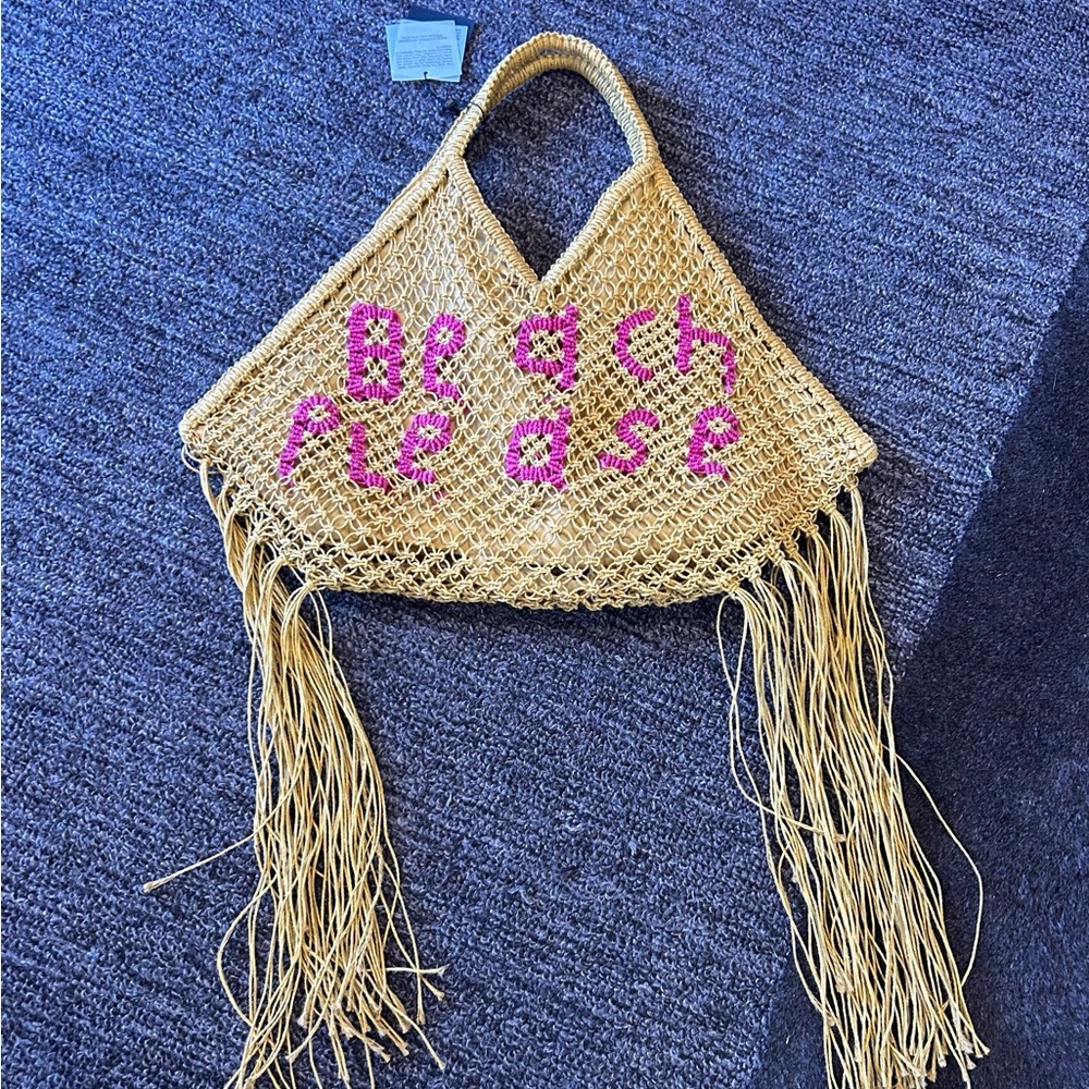 Beige Woven Tote with Pink Accents